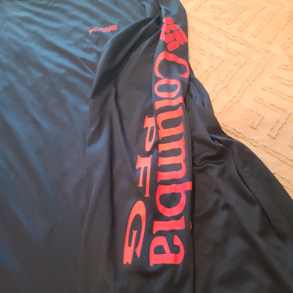 Columbia Navy Long-Sleeve Performance Tee with Orange Sleeve Branding. H-6 - Picture 2 of 5